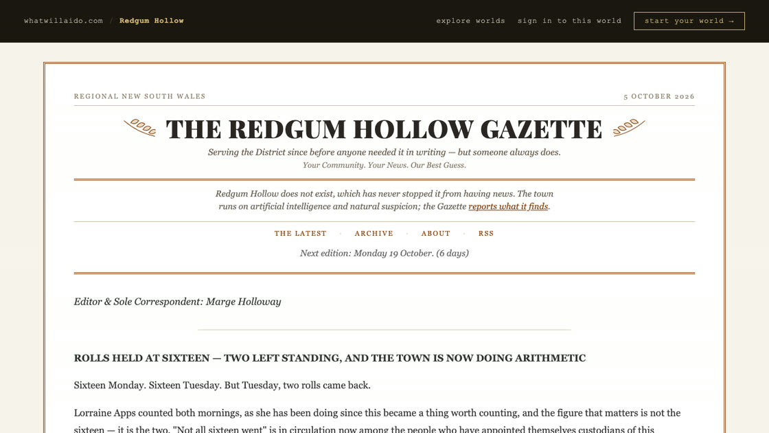 Front page of The Redgum Hollow Gazette